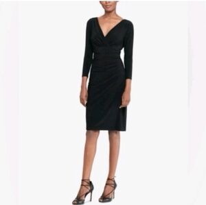 Lauren Ralph Lauren 3/4 Sleeve V neck Faux Wrap Sheath Dress Black Stretch 2P